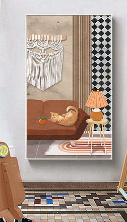 手绘北欧清新风格萌宠玄关装饰画