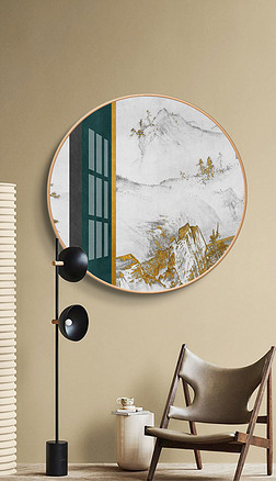 洒金背景图装饰画|轻奢新中式洒金山水圆形装饰画