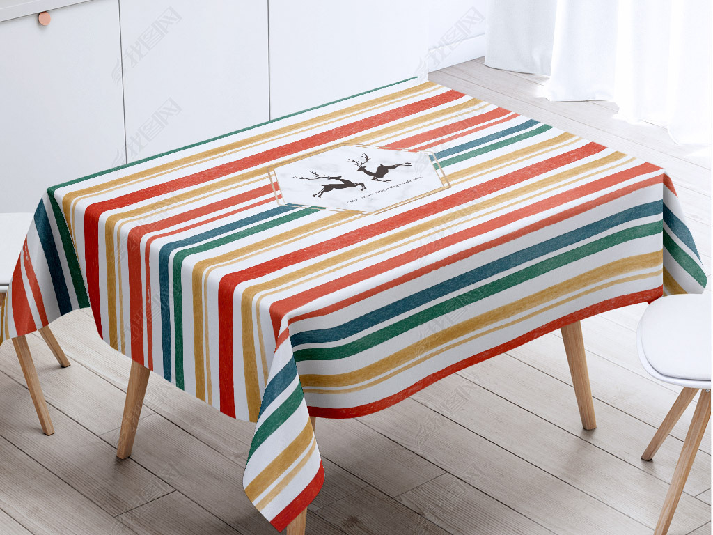 原创现代简约彩虹色条纹麋鹿桌布茶几布防尘罩