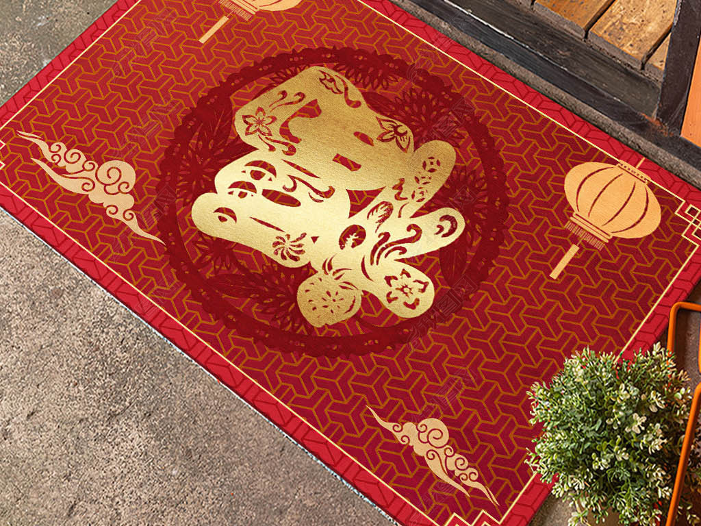 虎年国潮红色好运新年中国风入户地毯地垫脚垫子
