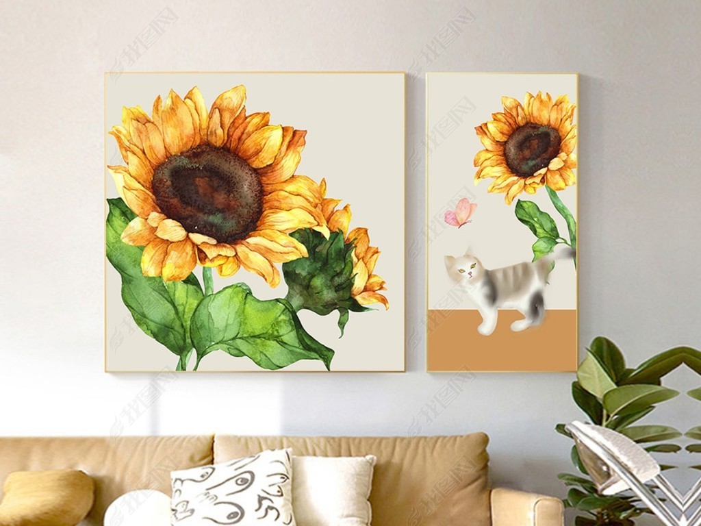 原创手绘向日葵北欧餐厅小清新时尚组合猫咪装饰画版权可商用
