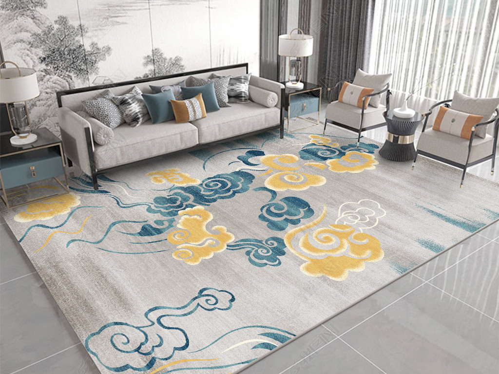 现代新中式抽象水墨祥云地毯地垫图案设计