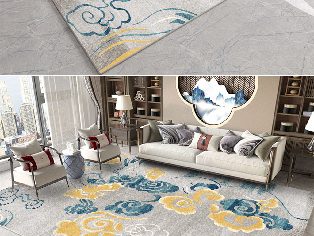 现代新中式抽象水墨祥云地毯地垫图案设计
