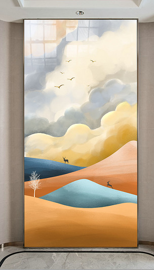 现代简约手绘艺术抽象治愈风景玄关装饰画三