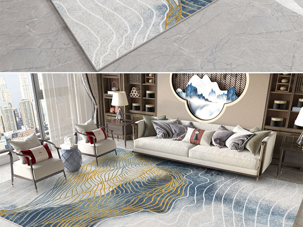 现代新中式抽象水墨金色线条地毯地垫图案设计