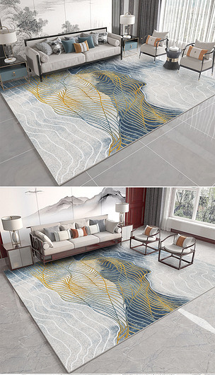 现代新中式抽象水墨金色线条地毯地垫图案设计