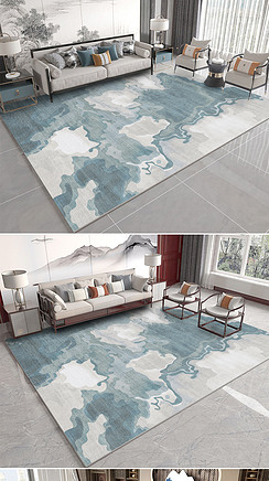 现代新中式蓝色抽象水墨云纹地毯地垫图案设计