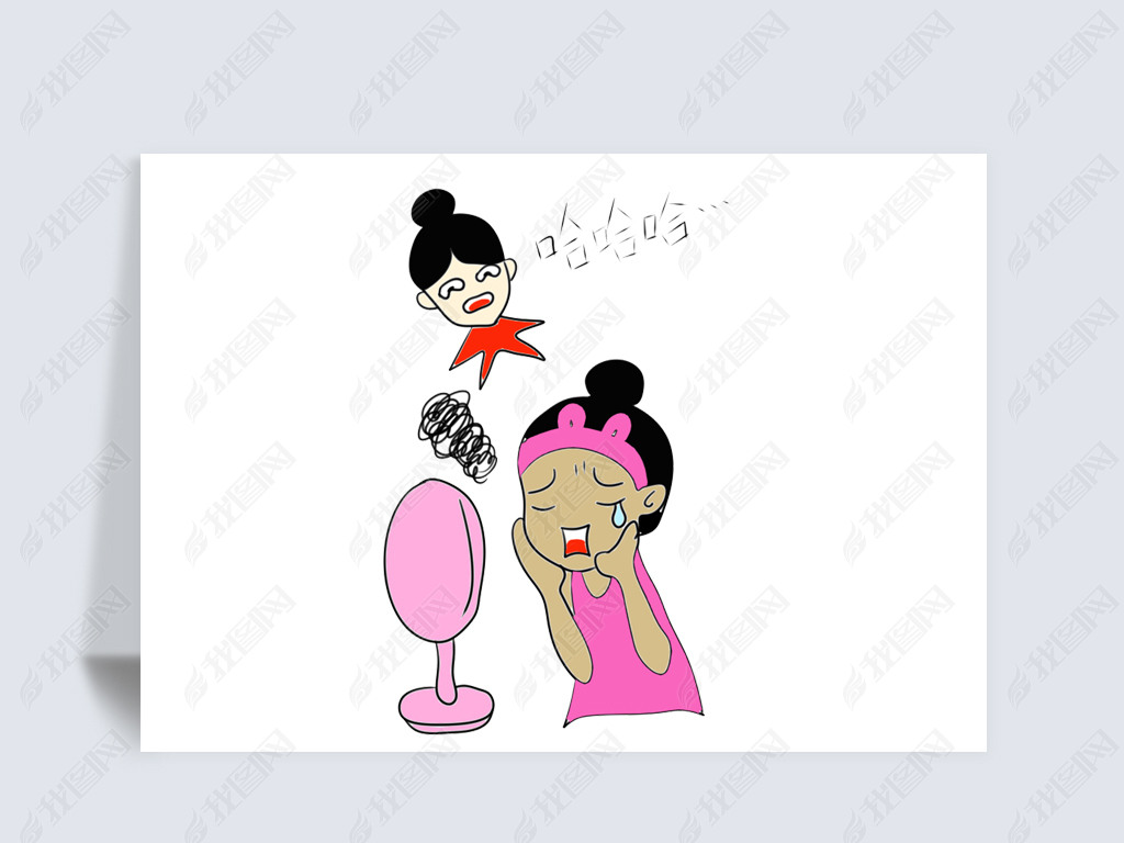 原创手绘卡通元素美女照镜子晒黑了免抠图片版权可商用