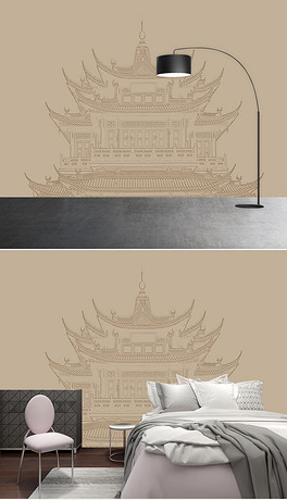 新中式手绘线描古建筑亭台楼阁壁画墙画