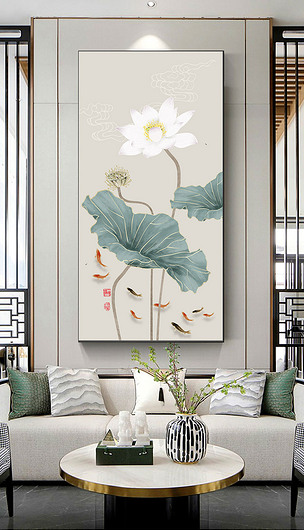 新中式入户玄关客厅荷花走廊过道九鱼图装饰画