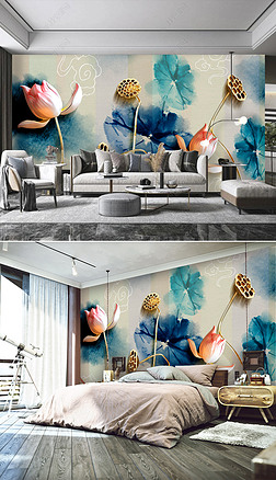 新中式荷花荷叶3d立体感背景墙