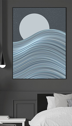 巨浪和月亮星辰意象灰蓝冷色波动夜空装饰画