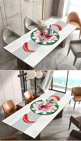 新中式抽象轻奢荷花黑白桌布茶几餐桌垫