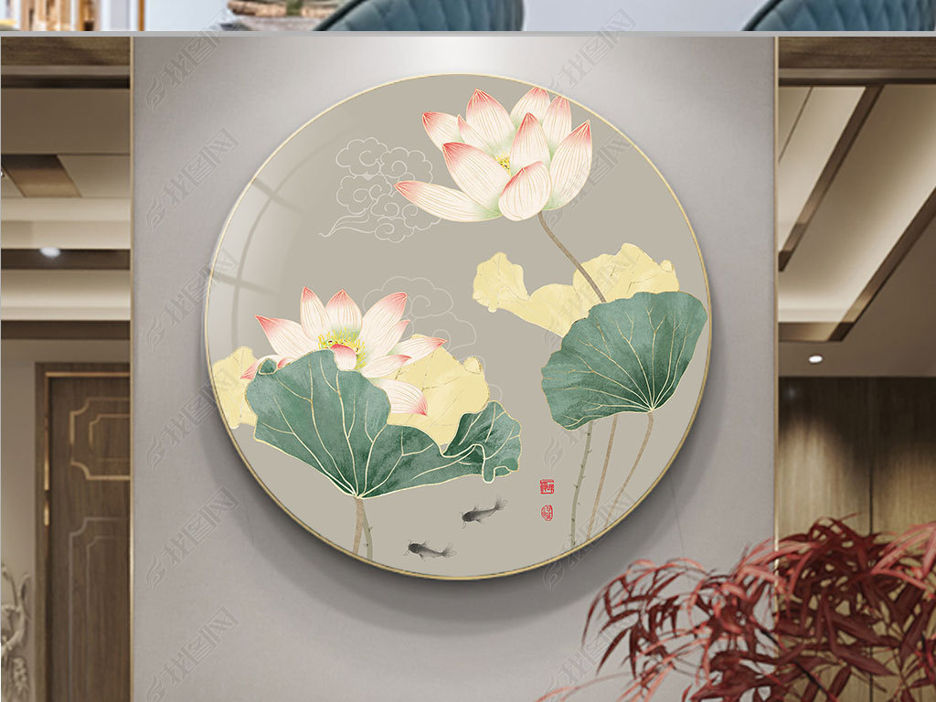 新中式荷花客厅壁画入户玄关圆形挂画餐厅书房画