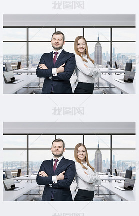 le of young managers are standing in the modern panoramic office. New York, Manhattan panoramic 