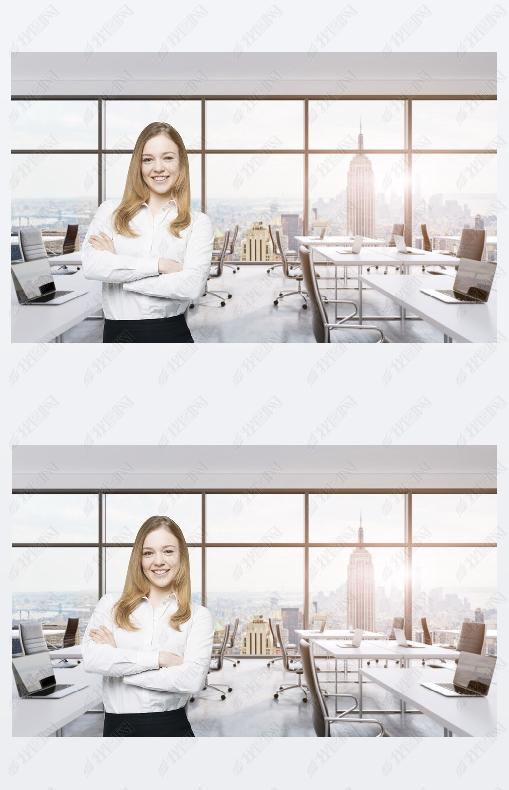 Smiling beautiful business lady with cross hands is standing in a modern panoramic office in New Yor