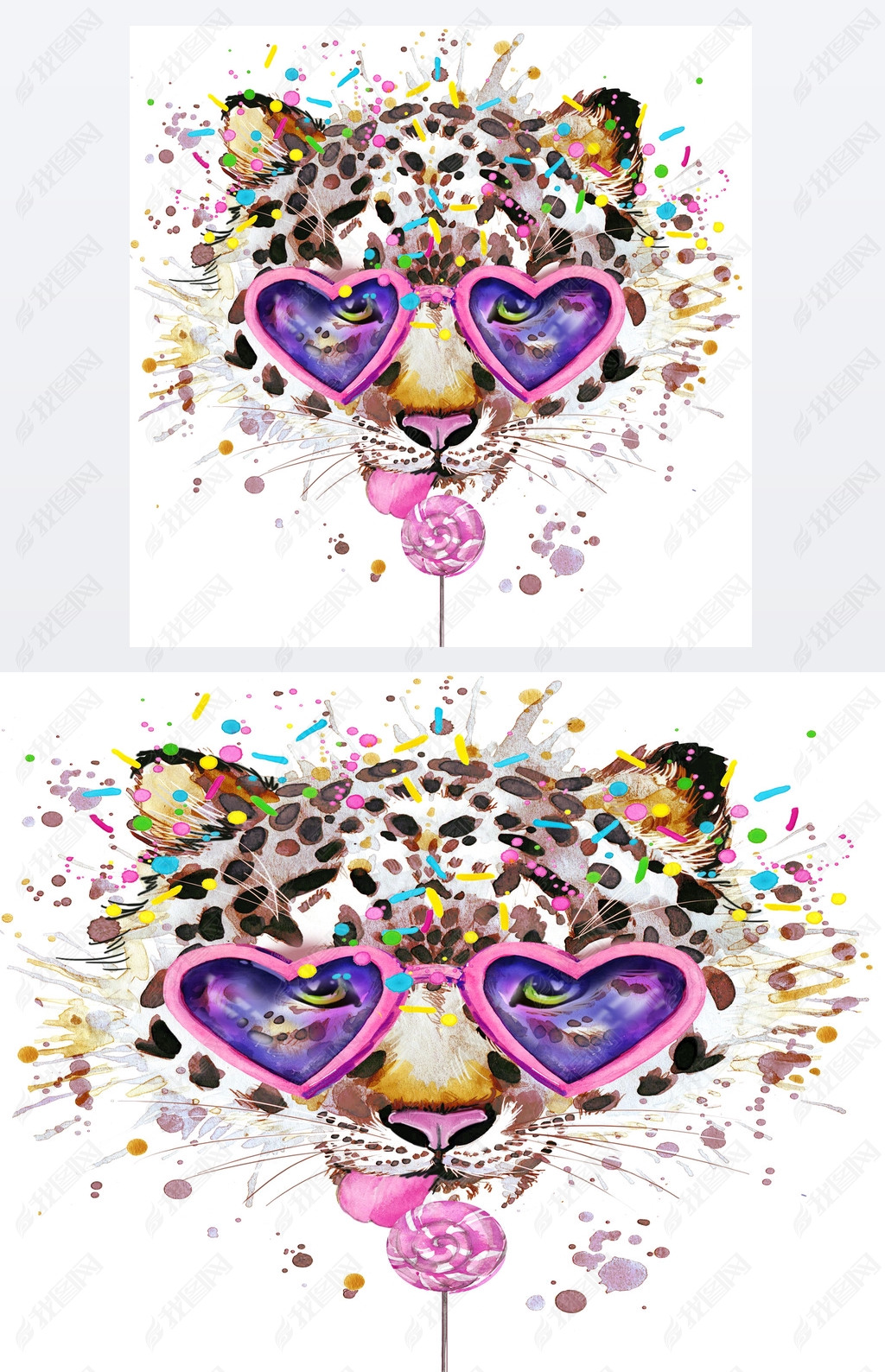 leopard T-shirt graphics. leopard illustration with splash watercolor textured  background. unusual 