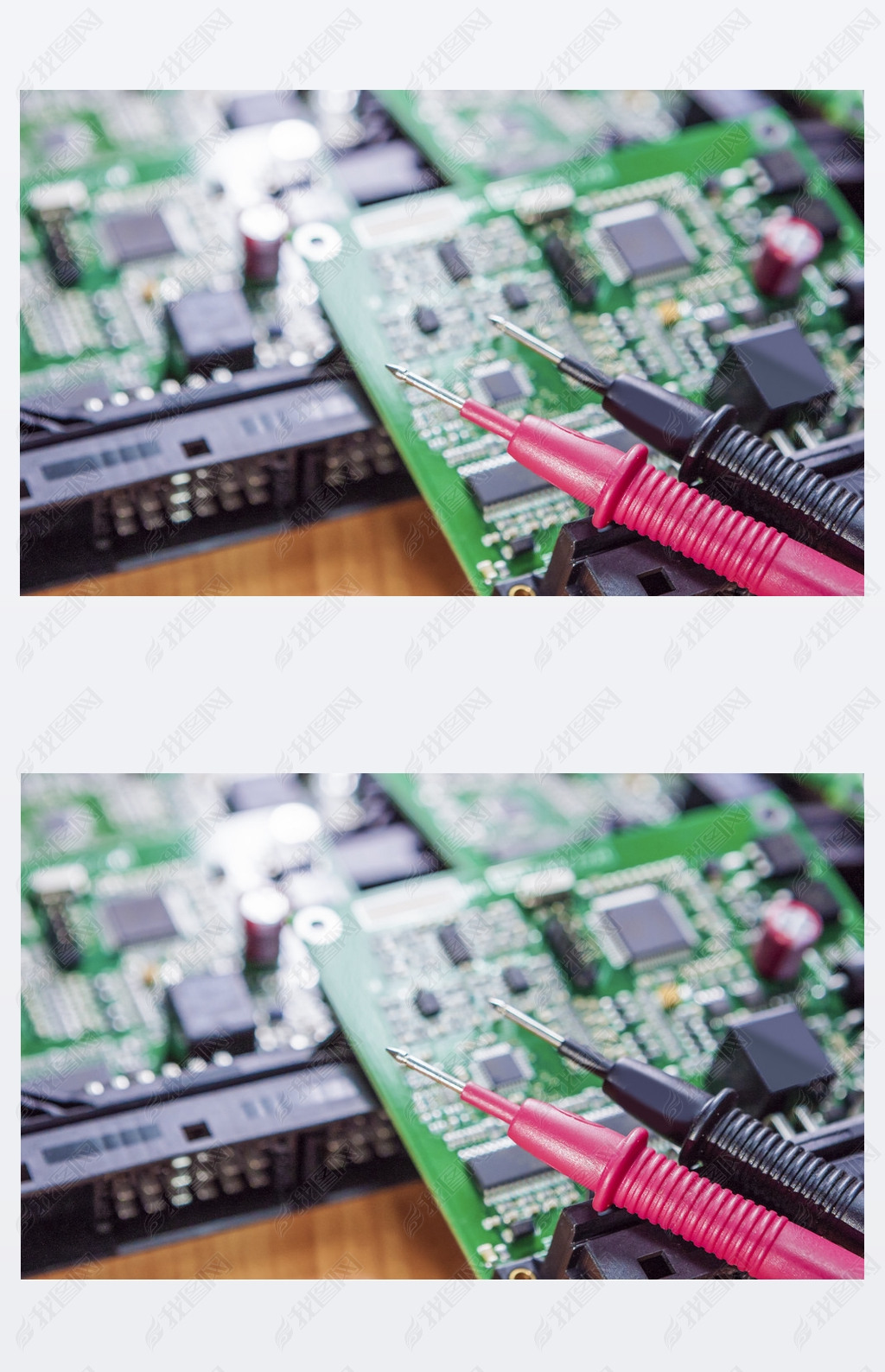 Laboratory Components and Staff. Pins of Digital Multimeter In Front of Printed Circuit  Boards with