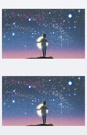 原创男孩抱着月亮发光靠挂星星版权可商用