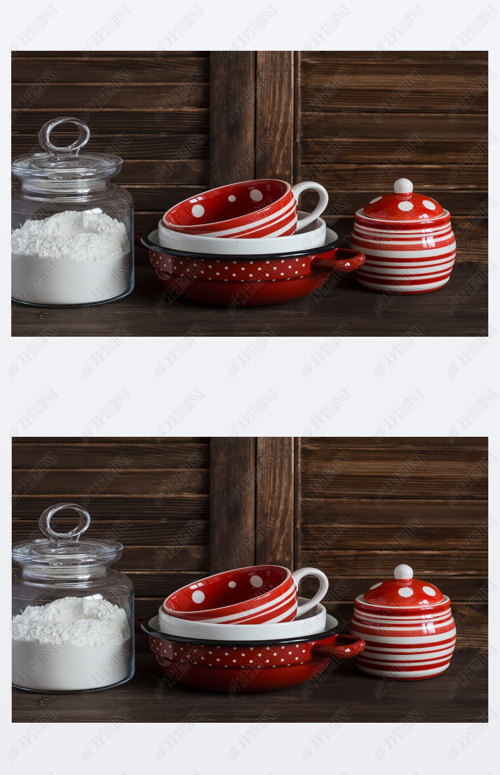 Kitchen still life. Glass jar with flour and vintage crockery -  mug, bowl, jar and pan