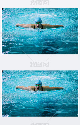 girl swimmer swims butterfly in pool