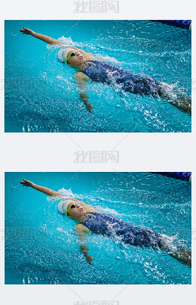 young beautiful girl athlete swims backstroke