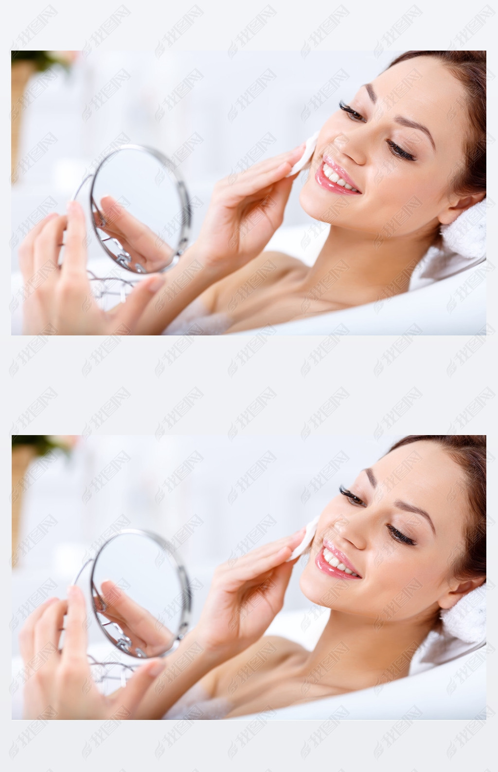 girl looking in the mirror while taking  a bath