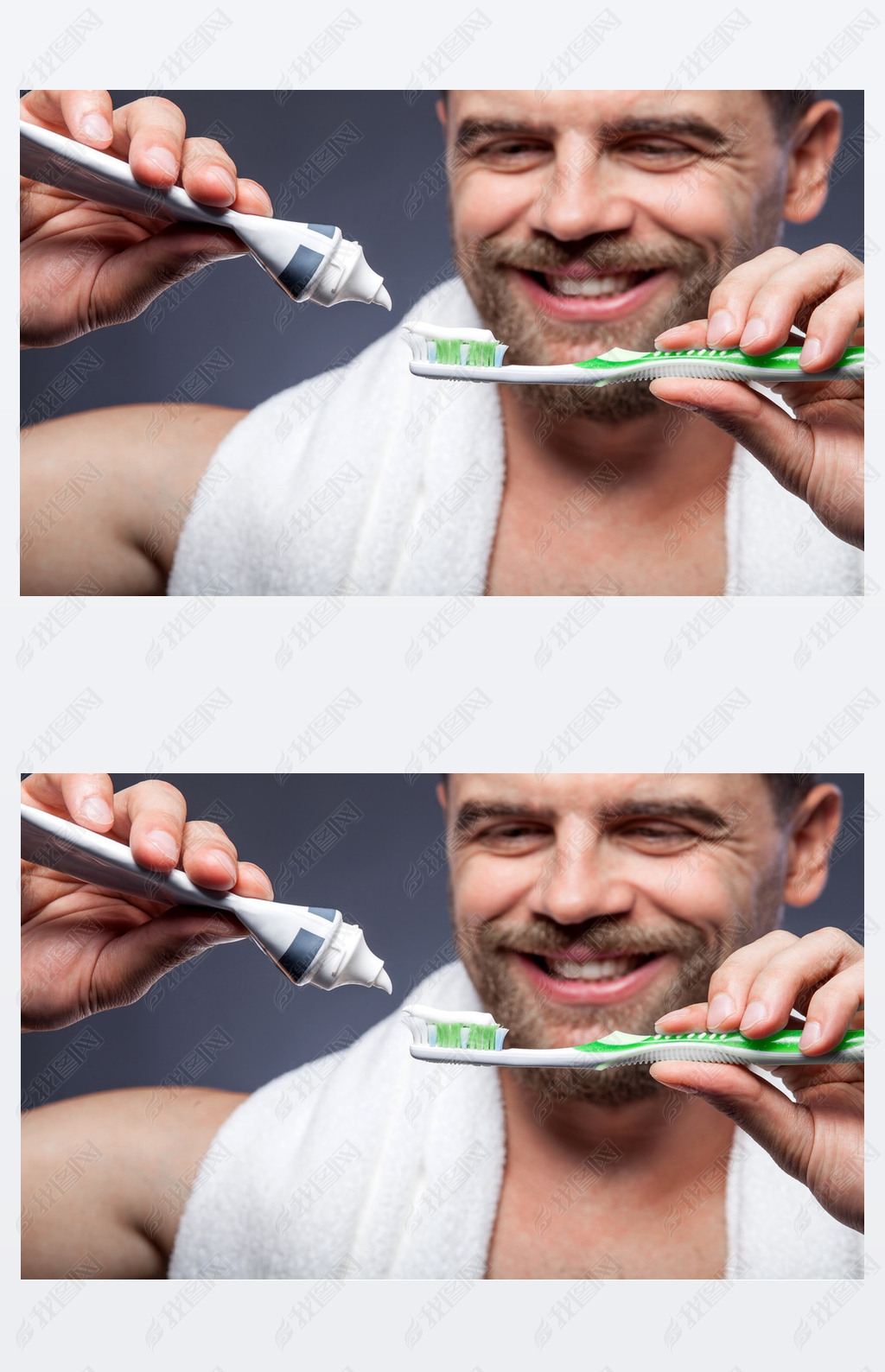 Process of toothbrushing for guy in the morning