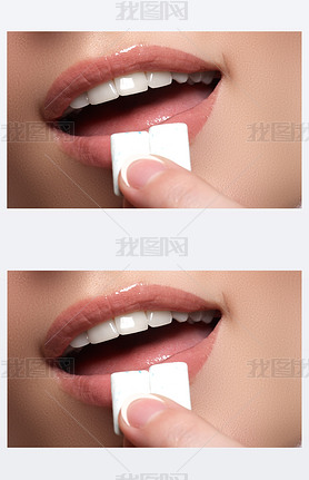 Closeup detail of woman putting pink chewing gum into her mouth. Chewing Gum, Eating, Women. Close u