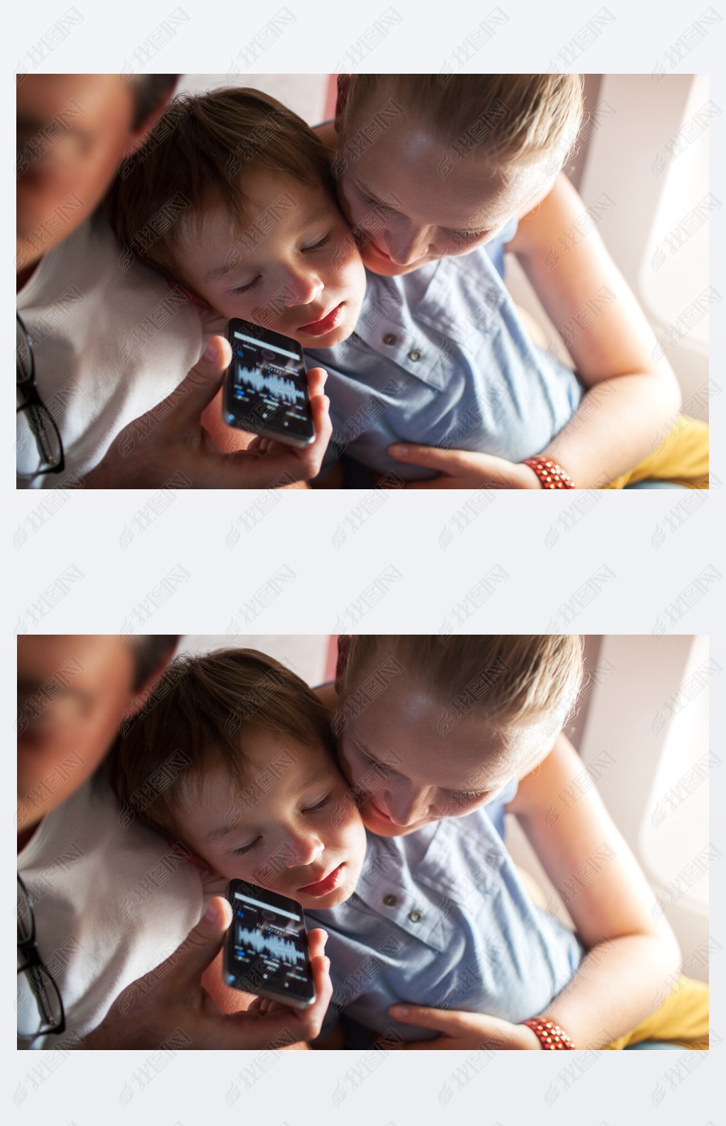 Child sleeping with music on cell phone in plane