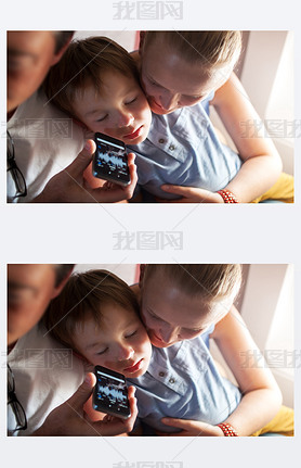 Child sleeping with music on cell phone in plane