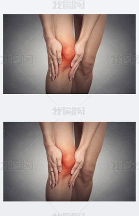 tendon knee joint problems on woman leg indicated with red spot