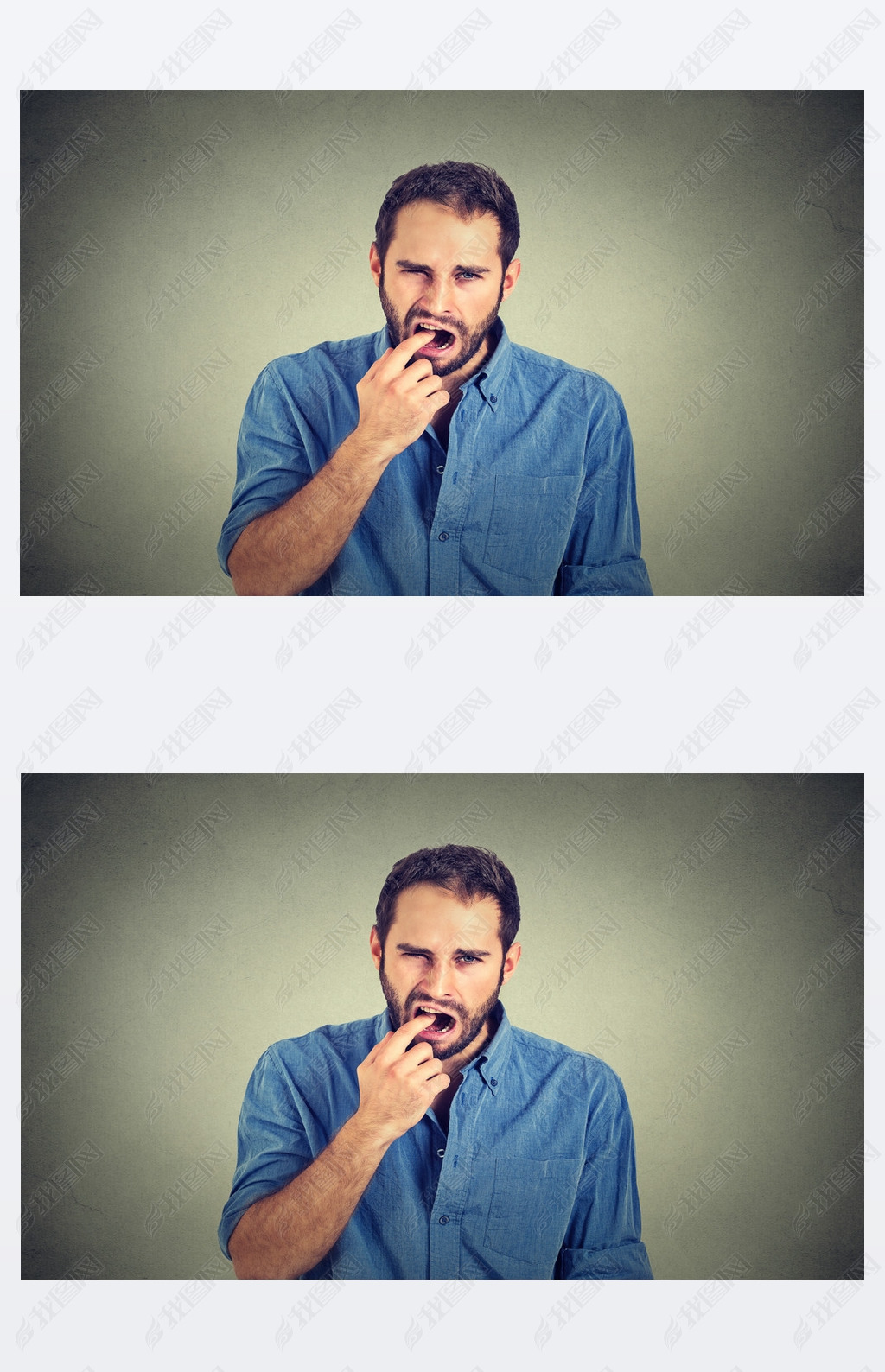 disgusted man with finger in mouth displeased with situation ready to throw up