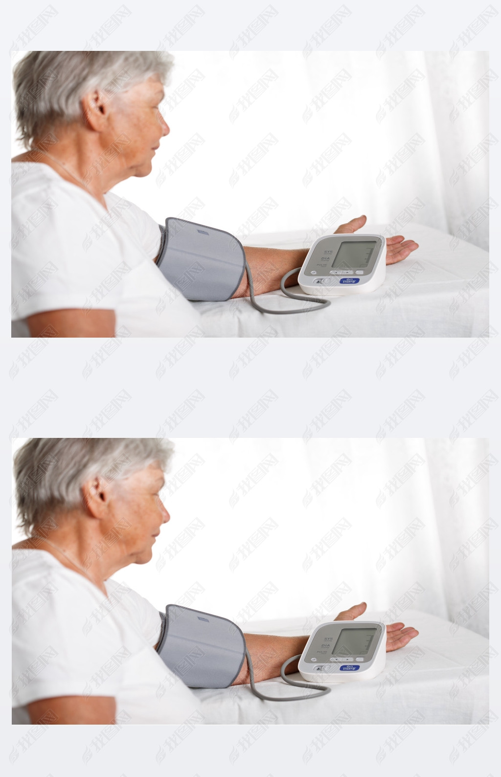 Elder woman measuring blood pressure with automatic manometer at