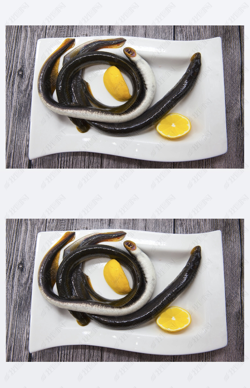 Fresh live fish lamprey on porcelain plate with lemon.