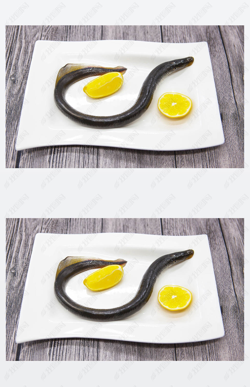 Fresh live fish lamprey on porcelain plate with lemon.