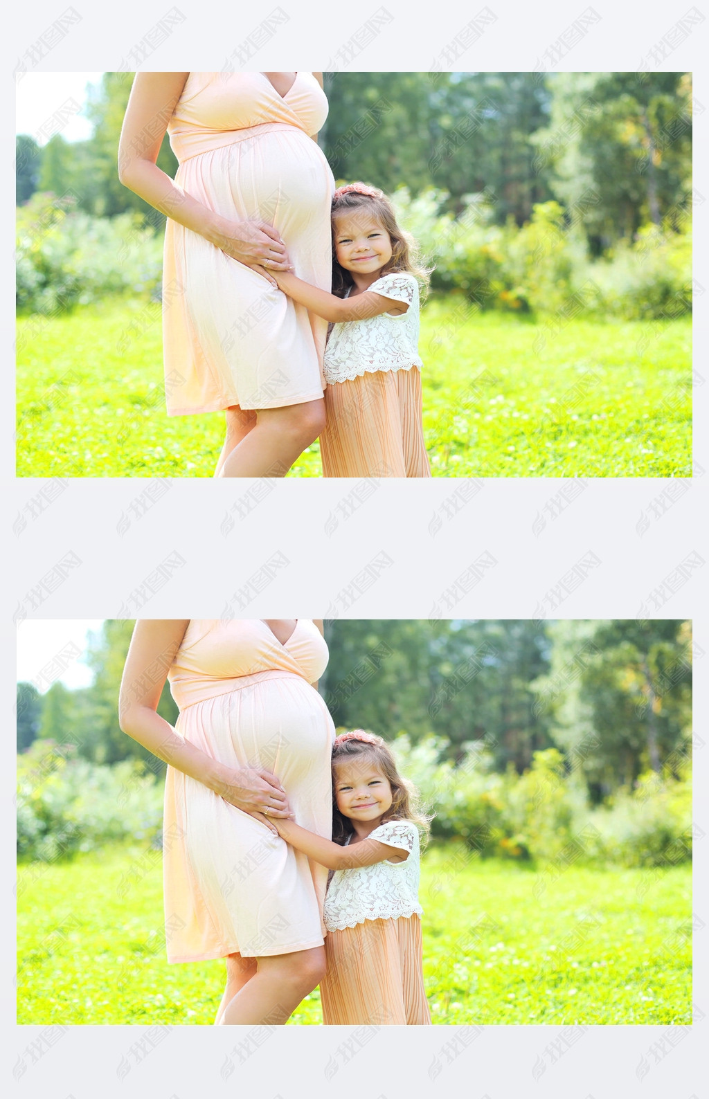 Happy pregnant woman, cute little child daughter hugging mother