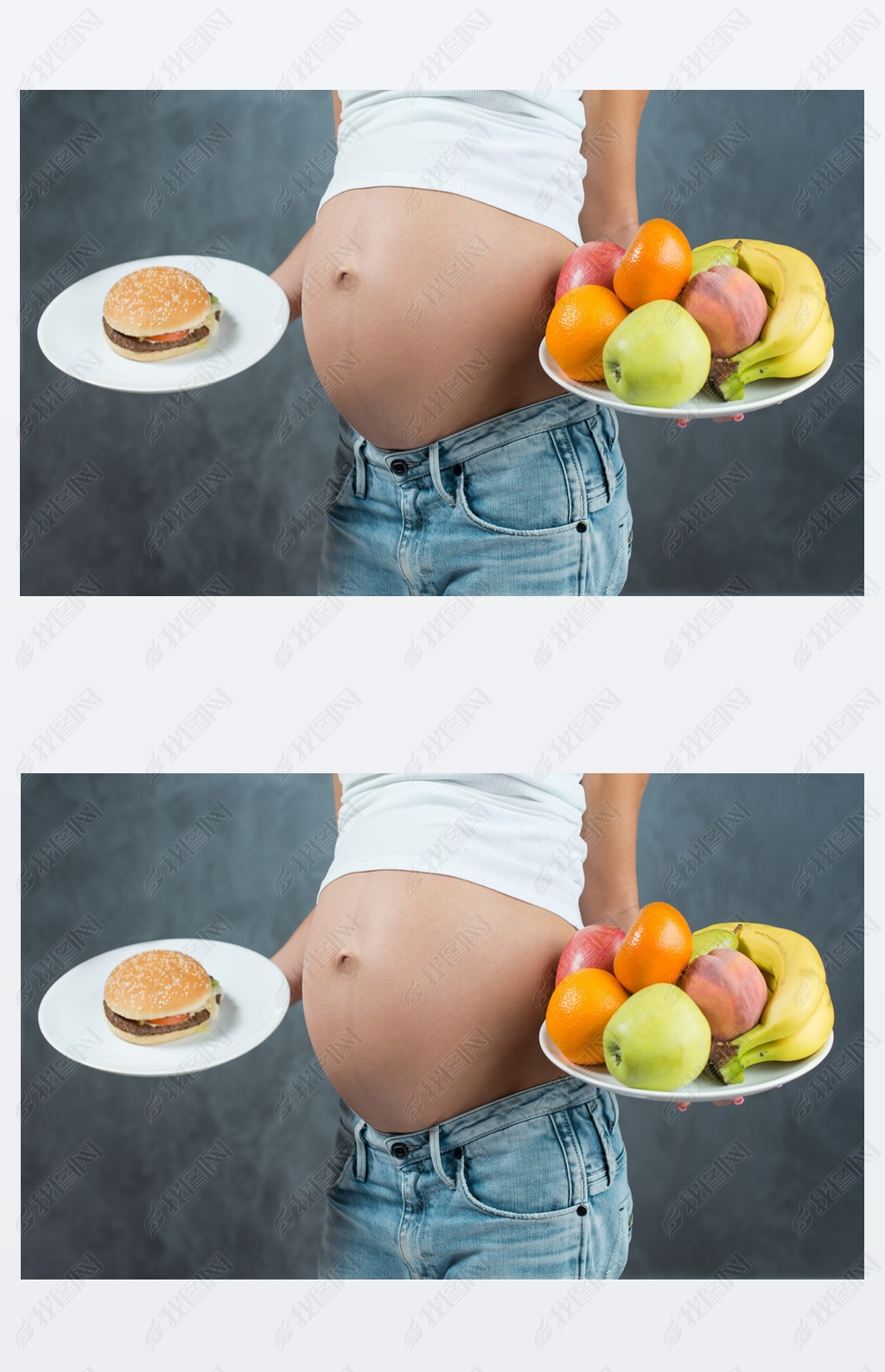 Close up of a cute pregnant belly tummy and healthy food. Pregna