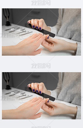 Manicure process with nail file in beauty salon