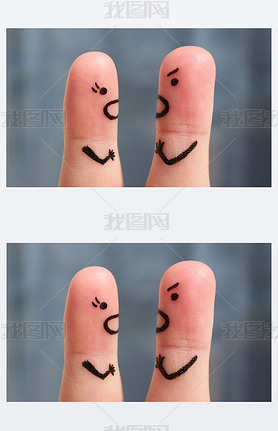 Finger art of a couple during quarrel. The concept of a man and woman yelling at each other.