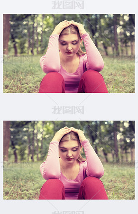 portrait stressed sad young woman sitting outdoors on summer day in park 