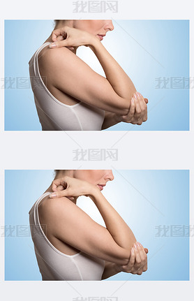 Arm pain and injury concept. Closeup side profile woman with painful elbow