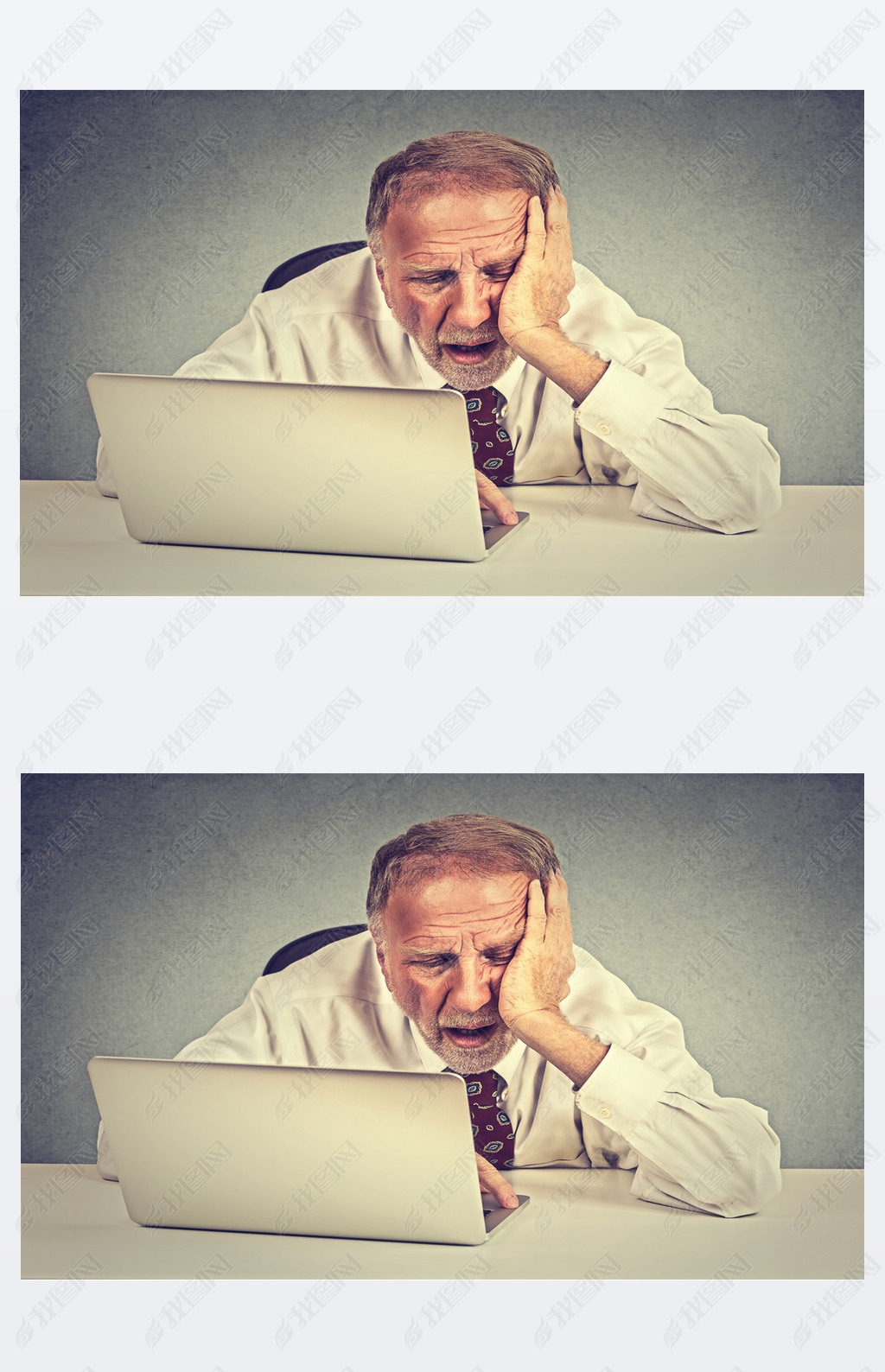 Tired sleepy senior man sitting at his desk in front of laptop computer