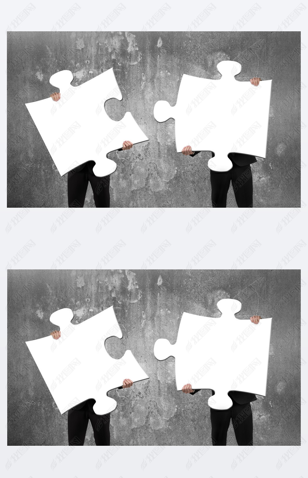 Two business people assembling white jigsaw puzzles with concret