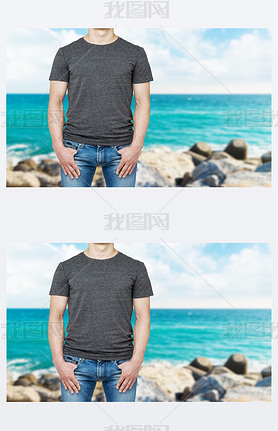 Close-up of a man in a blank grey t-shirt. Hands in the denims pockets. Blur sea view.