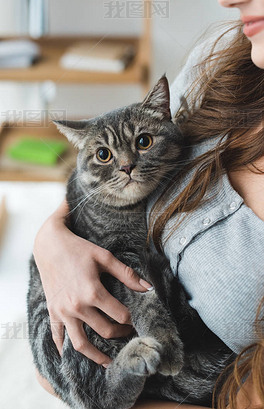 年轻女子牵着可爱的胖胖的猫的剪影下载-编号25895523-人物情感-我