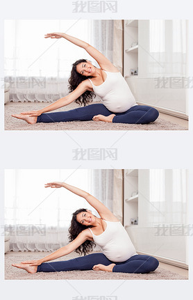 Cheerful young pregnant woman is doing exercise