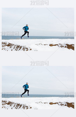 原创年轻的男性跑步者在冬季在户外训练, 男子在雪地上奔跑