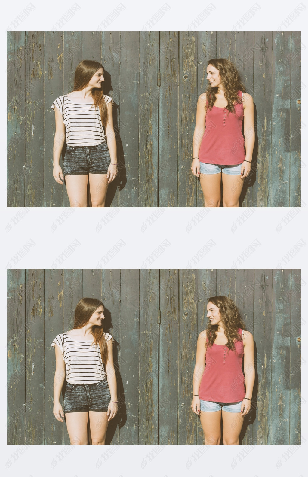 Portrait of two beautiful girls with wooden background