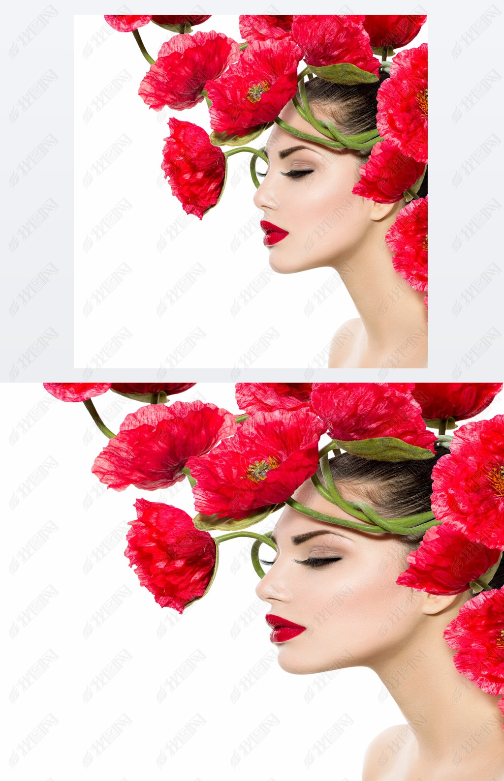 Beauty Fashion Model Woman with Red Poppy Flowers in her Hair